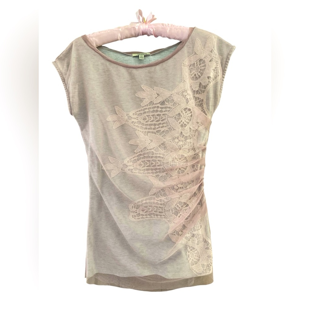Cotton and nylon Lacey mesh shirt. Size medium. Grey with pink mesh overlay.